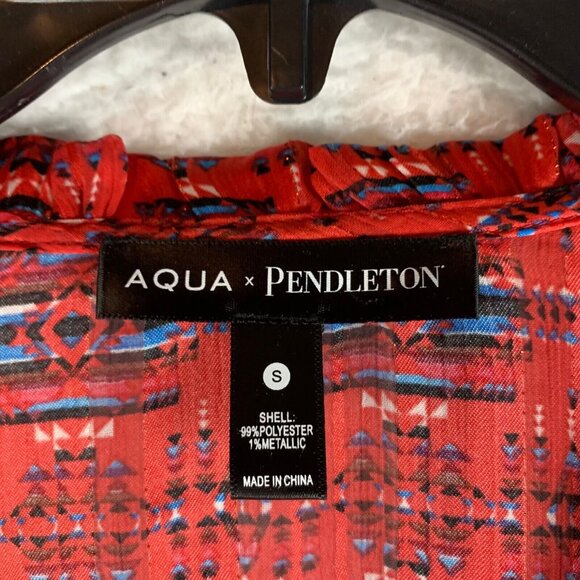 AQUA x Pendleton Womens Long Sleeve Smocked V-Neck Red Casual Blouse Size S 9740 - Picture 2 of 8